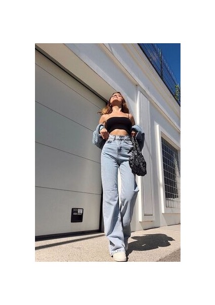 Oslo Açık Mavi Kar Yıkama Power Likralı Süper Yüksek Bel Salaş Paça Jeans Palazzo (Wide Leg)
