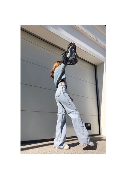 Oslo Açık Mavi Kar Yıkama Power Likralı Süper Yüksek Bel Salaş Paça Jeans Palazzo (Wide Leg)