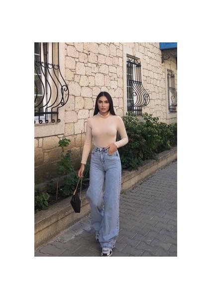 Berry 90's Kar Yıkama Mavi Likralı Süper Yüksek Bel Wide Leg Salaş Jeans Palazzo Pantolon