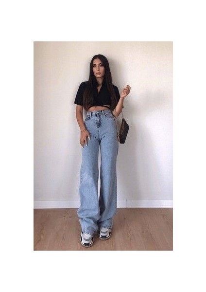 Berry 90's Kar Yıkama Mavi Likralı Süper Yüksek Bel Wide Leg Salaş Jeans Palazzo Pantolon fiyatları