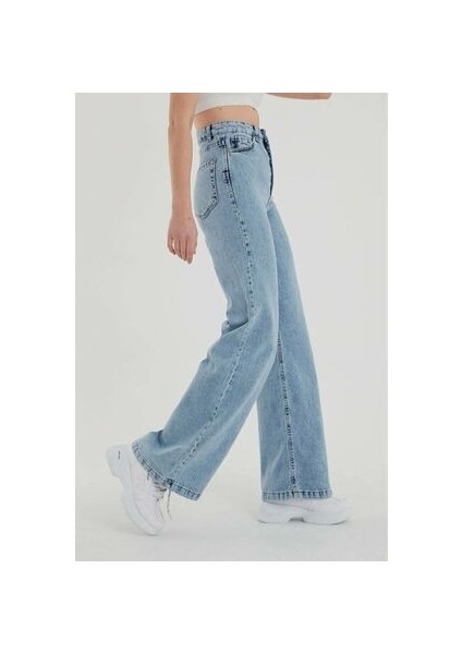 Kar Mavi Yüksek Bel Salaş Pantolon, Geniş Paça Pantolon, Bol Paça Pantalon Yıkamalı Palazzo 2024
