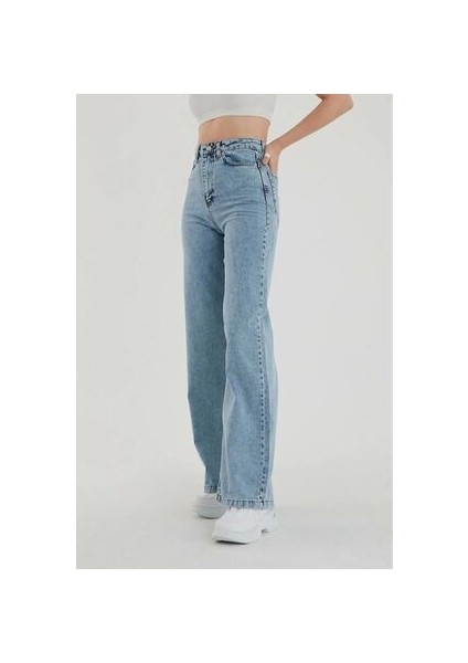 Kar Mavi Yüksek Bel Salaş Pantolon, Geniş Paça Pantolon, Bol Paça Pantalon Yıkamalı Palazzo 2024