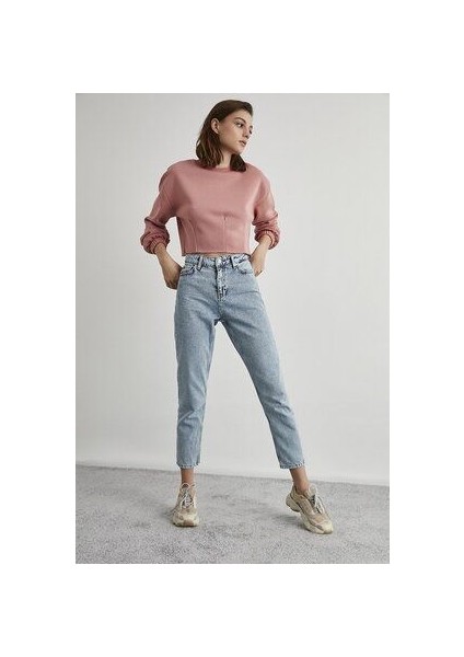 Heidi Kar Mavi Mom Jeans Likralı Yüksek Bel Mavi Kar Yıkamalı Mom Kot Pantolon Likralı Jean