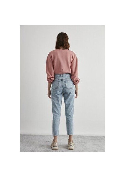 Heidi Kar Mavi Mom Jeans Likralı Yüksek Bel Mavi Kar Yıkamalı Mom Kot Pantolon Likralı Jean fırsatları