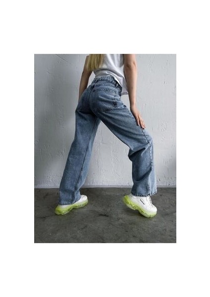 Yüksek Bel Kar Jeans Salaş Mavi Kar Yıkama Jeans Mavi Kar Likralı Esnek Kot