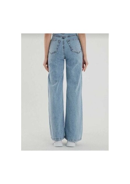 Kar Mavi Yüksek Bel Salaş Pantolon, Geniş Paça Pantolon, Bol Paça Pantalon Yıkamalı Palazzo 2024