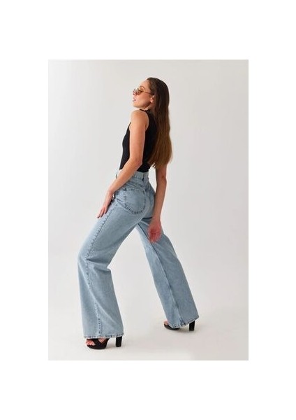 Esperenza 90's Kar Yıkama Mavi Likralı Süper Extra Yüksek Bel Wideleg Palazzo Salaş modelleri