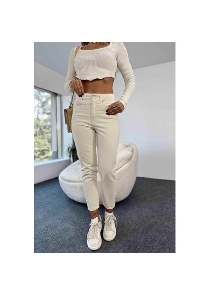 Yüksek Bel Krem Mom Jeans Likralı Esnek Kot Pantolon 2024