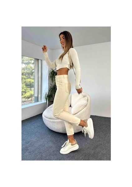 Yüksek Bel Krem Mom Jeans Likralı Esnek Kot Pantolon 2024 fiyatları