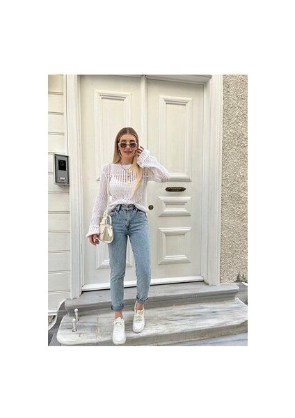 Yüksek Bel Mavi Mom Jeans Kar Yıkama Likralı Mom Jeans 2024