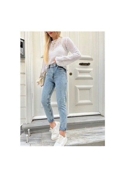 Yüksek Bel Mavi Mom Jeans Kar Yıkama Likralı Mom Jeans 2024 modelleri