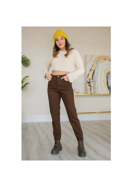 Dora Yüksek Bel Likralı Kahve Mom Jeans Esnek Kot Pantolon 2024