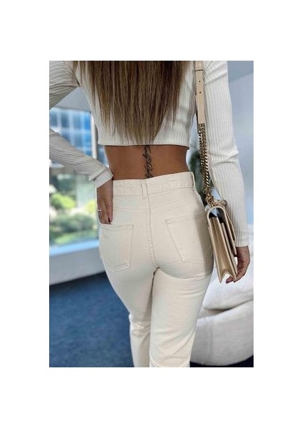 Yüksek Bel Krem Mom Jeans Likralı Esnek Kot Pantolon 2024 fırsatları