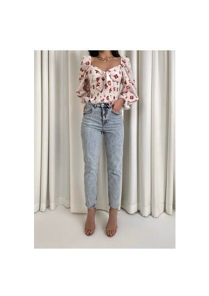 Vit Mom Jeans Eskitmeli Kar Yırtıklı 90S Boyfriend Yüksek Bel Kot