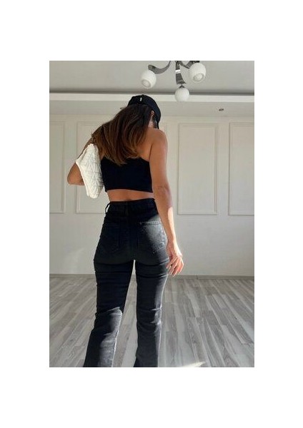 High Waist Flare Leg Full Length Stretch Black Jean