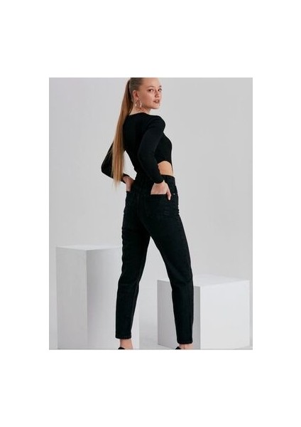 Siyah Mom Jeans Yüksek Bel Boyfriend Pantolon