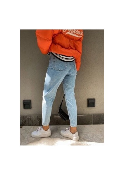 Leo Ngbutika Açık Mavi Mom Jeans Likralı Yüksek Bel Mavi Kar Yıkamalı Mom Kot Pantolon Ekstra Esnek fiyatları