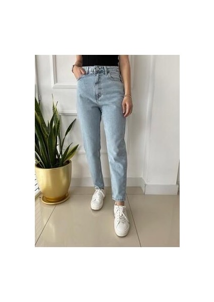Lamina Mavi Kar Yıkama Yüksek Bel Mom Jeans Boyfriend (1 Beden Büyük Alınız)