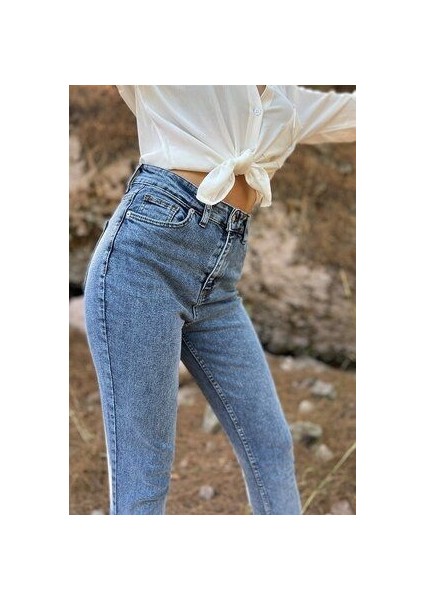 Vit Açık Mavi Mom Jeans Likralı Yüksek Bel Mavi Kar Yıkamalı Mom Kot Pantolon 2024 fiyatları