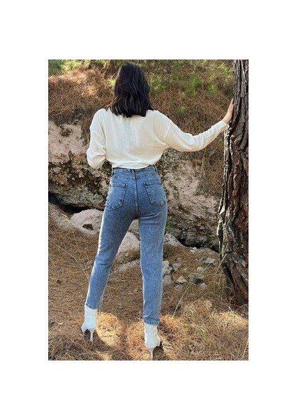 Vit Açık Mavi Mom Jeans Likralı Yüksek Bel Mavi Kar Yıkamalı Mom Kot Pantolon 2024 fırsatları