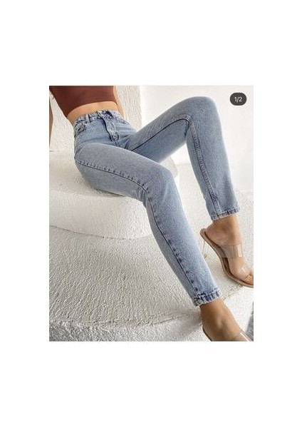 Jiona Yüksek Bel Mavi Mom Jeans Kar Yıkama Likralı Mom Jeans 2024