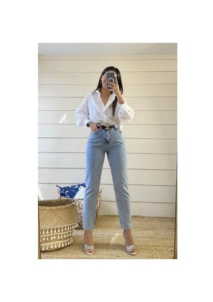 Vivien Mavi Mom Kot Pantolon Likralı Yüksek Bel Mavi Kar Yıkamalı Mom Jeans Kar Yıkama Boyfriend