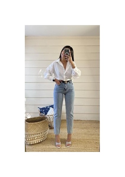 Vivien Mavi Mom Kot Pantolon Likralı Yüksek Bel Mavi Kar Yıkamalı Mom Jeans Kar Yıkama Boyfriend fırsatları