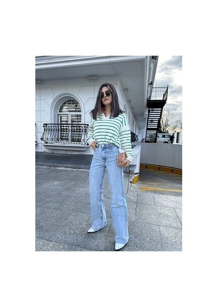 Lew 90's Kar Yıkama Mavi Likralı Süper Yüksek Bel Salaş Jeans Palazzo Pantolon 2024