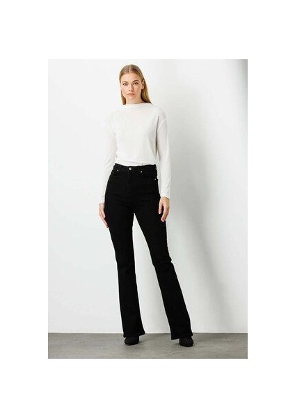 Leo Max Vanessa Ispanyol Renk Solmaz Yüksek Bel Likralı Siyahflare Jeans Pantolon