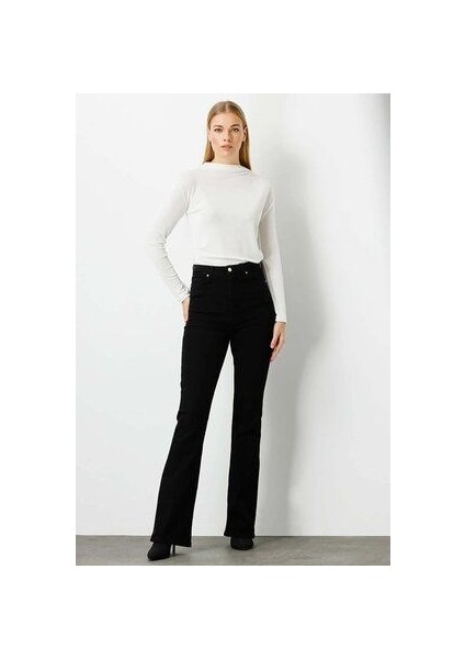 Leo Max Vanessa Ispanyol Renk Solmaz Yüksek Bel Likralı Siyahflare Jeans Pantolon modelleri