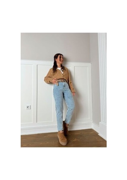 Leo Koyu Mavi Mom Jeans Likralı Yüksek Bel Mavi Kar Yıkamalı Mom Kot Pantolon