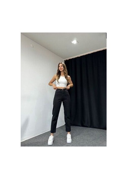 Leo Penelope Zero Stager Siyah Yüksek Bel Likralı Mom Jeans Mom Jeans