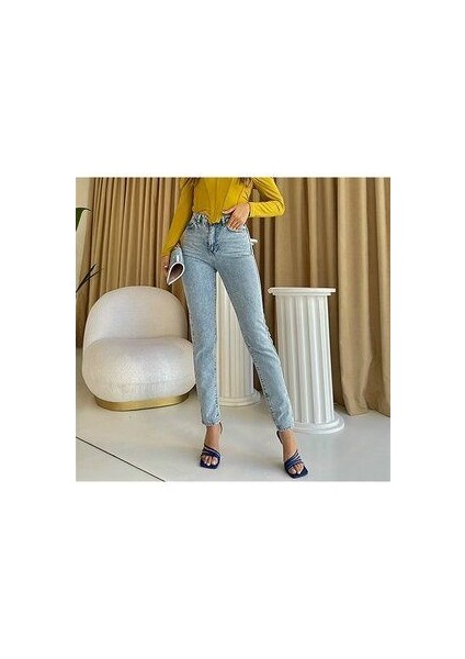 Mom Jeans Likralı Yüksek Bel Mavi Kar Yıkamalı Mom Kot Pantolon 2024