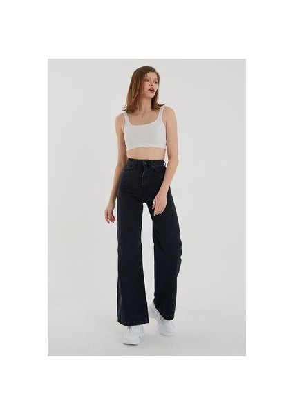 Siyah Likralı Süper Yüksek Bel Salaş Jean Pantolon. (Süper Yüksek.) Wide Leg 2024 fiyatları
