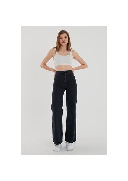 Siyah Likralı Süper Yüksek Bel Salaş Jean Pantolon. (Süper Yüksek.) Wide Leg 2024 fırsatları