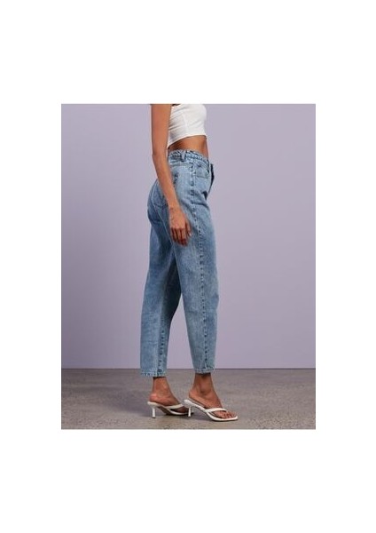 Kar Yıkama Comfort Mom Jean Pantolon-Mavi