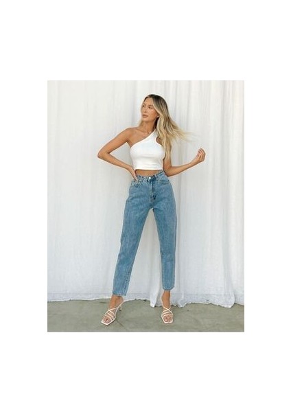 Kar Yıkama Comfort Mom Jean Pantolon-Mavi modelleri