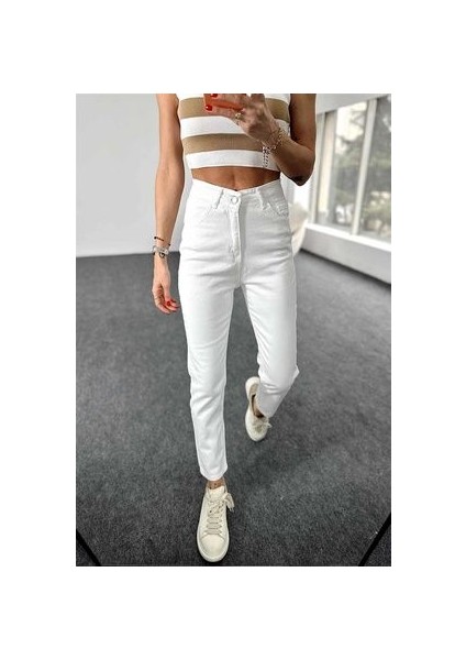 Jesica Beyaz Yüksek Bel Fermuarlı Mom Fit Jean Pantolon Iç Göstermeyen 2024 modelleri