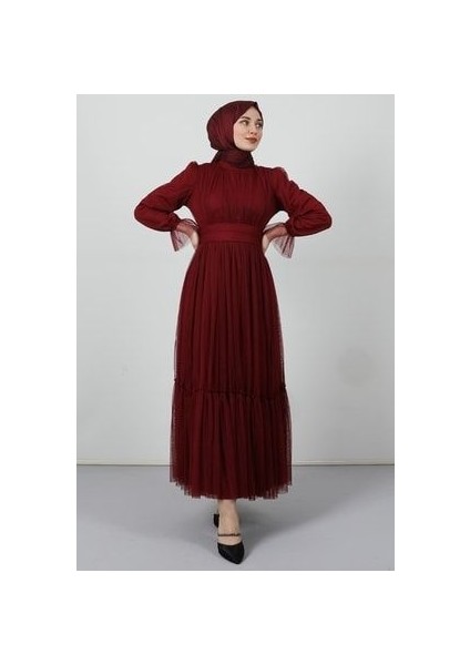 Kuşaklı Fırfırlı Tül Elbise Bordo