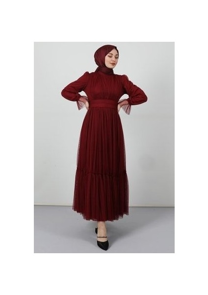 Kuşaklı Fırfırlı Tül Elbise Bordo