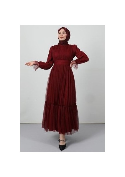 Kuşaklı Fırfırlı Tül Elbise Bordo