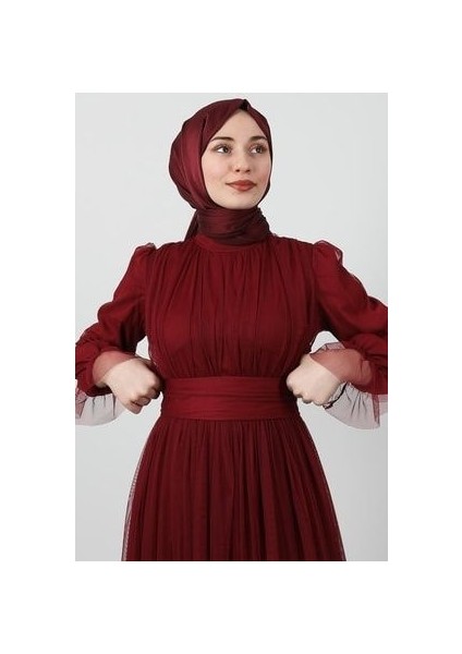 Kuşaklı Fırfırlı Tül Elbise Bordo