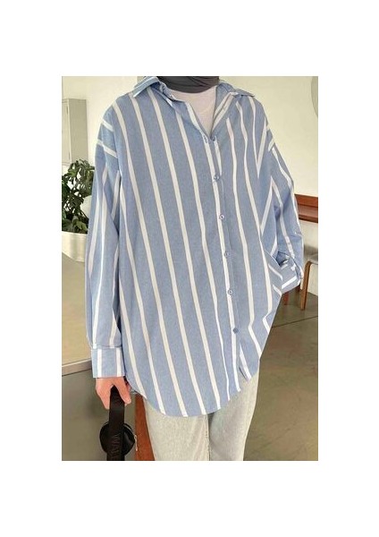 Kadın Oversize Gömlek Kalın Çizgi Deseniyle Şık Mavi Beyaz Tasarım modelleri