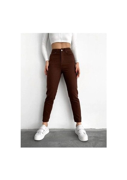 Kahverengi Mom Jean Yüksek Bel Detay Boyfriend Kot 2024