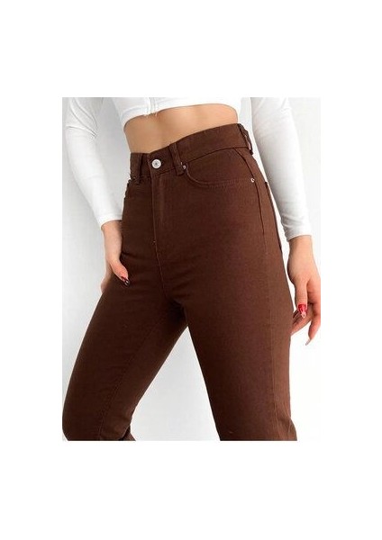 Kahverengi Mom Jean Yüksek Bel Detay Boyfriend Kot 2024 modelleri