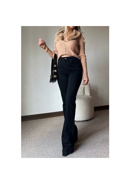 Black Yüksek Bel Likralı Simsiyah Ispanyol Jeans Pantolon