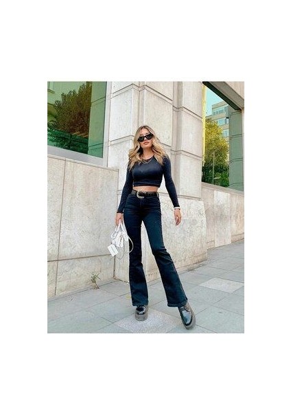 Zero Max Ispanyol Paça Jean Siyah Solmaz Ekstra Likra Yüksek Bel (Toparlayıcı)