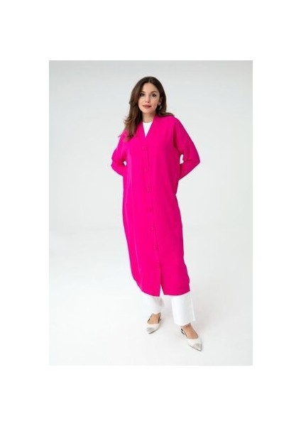 Uzun-Diz Altı Boydan Düğmeli Fuşya Hırka/tunik 10421 modelleri