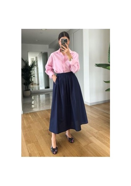 Lacivert Beli Lastikli Poplin Yandan Cepli Etek