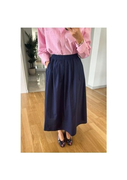 Lacivert Beli Lastikli Poplin Yandan Cepli Etek fiyatları